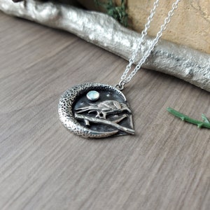 Raven Necklace, Sterling Silver, Crow, 3D Raven, Crescent Moon, Grey Moon, Under the Moon, Black Bird, Raven Totem, Golden Full Moon, Silver image 7