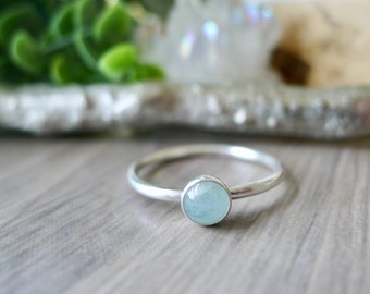 Aquamarine Ring, Smooth, Sterling Silver, March Ring, Genuine Aquamarine, March Birthstone, Real Aquamarine, Round Aquamarine, March Jewelry