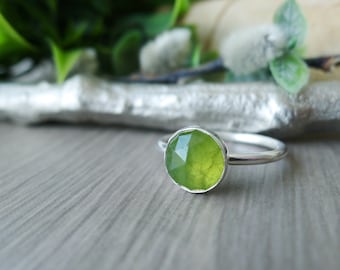 Vesuvianite Ring, Sterling Silver, Lime Green, Gemstone, Round, Faceted, Rose Cut, Genuine, Green, Yellow, Real Vesuvianite, Acid Green