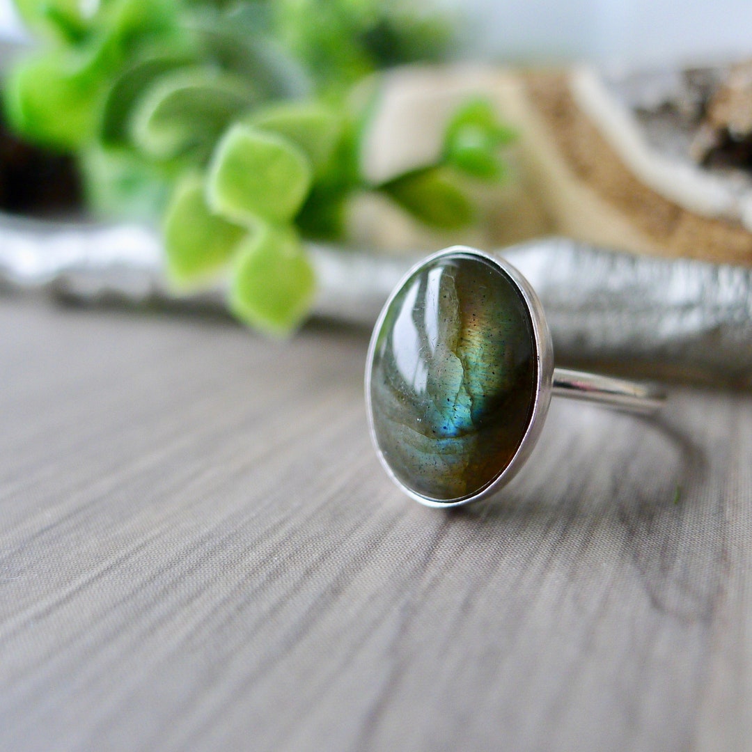 Labradorite Ring, Sterling Silver, Smooth Labradorite, Blue