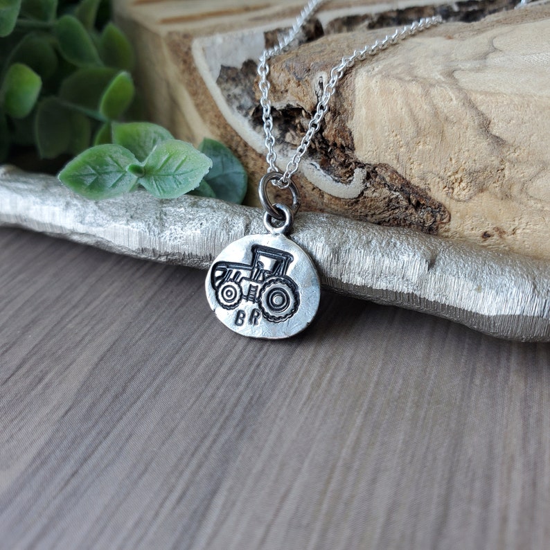 Tractor Necklace, Custom, Sterling Silver, Little Tractor, Tractor Pendant, 925, Tractor Jewelry, Farmer Gift, Gift for Boys, Initials image 6