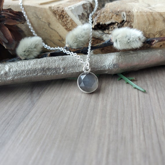 Grey Moonstone Necklace Round Sterling Silver June Birthstone