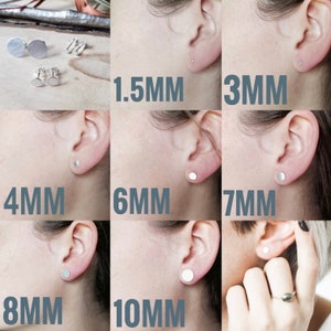 May include: Close-up of a person's ear with a silver stud earring. The earring is shown in different sizes, ranging from 1.5 mm to 10 mm. The sizes are labeled in millimeters.