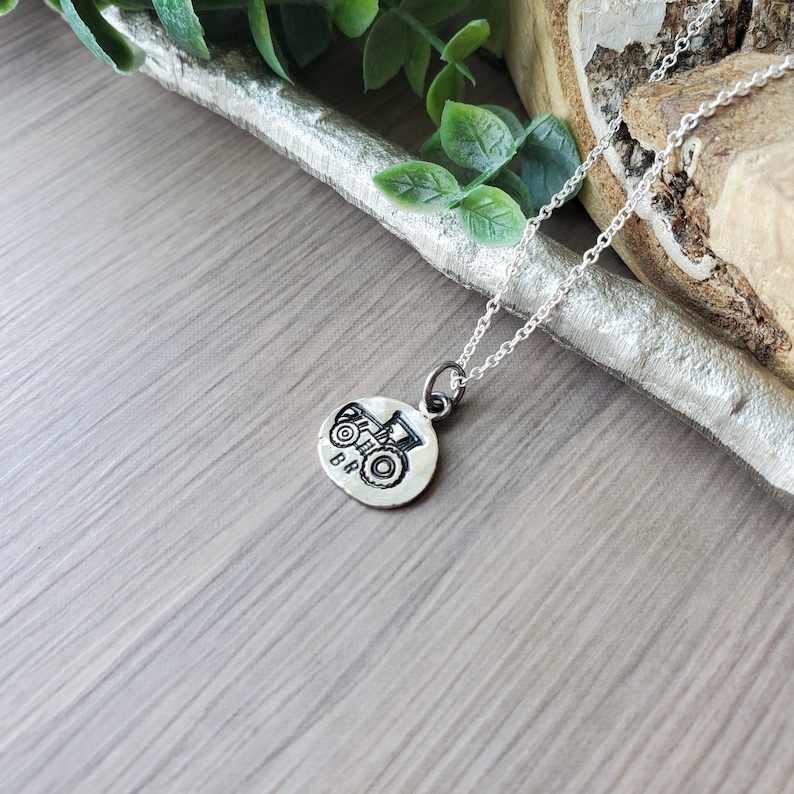 Tractor Necklace, Custom, Sterling Silver, Little Tractor, Tractor Pendant, 925, Tractor Jewelry, Farmer Gift, Gift for Boys, Initials image 2