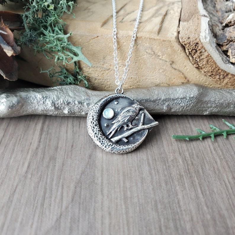 Raven Necklace, Sterling Silver, Crow, 3D Raven, Crescent Moon, Grey Moon, Under the Moon, Black Bird, Raven Totem, Golden Full Moon, Silver image 1