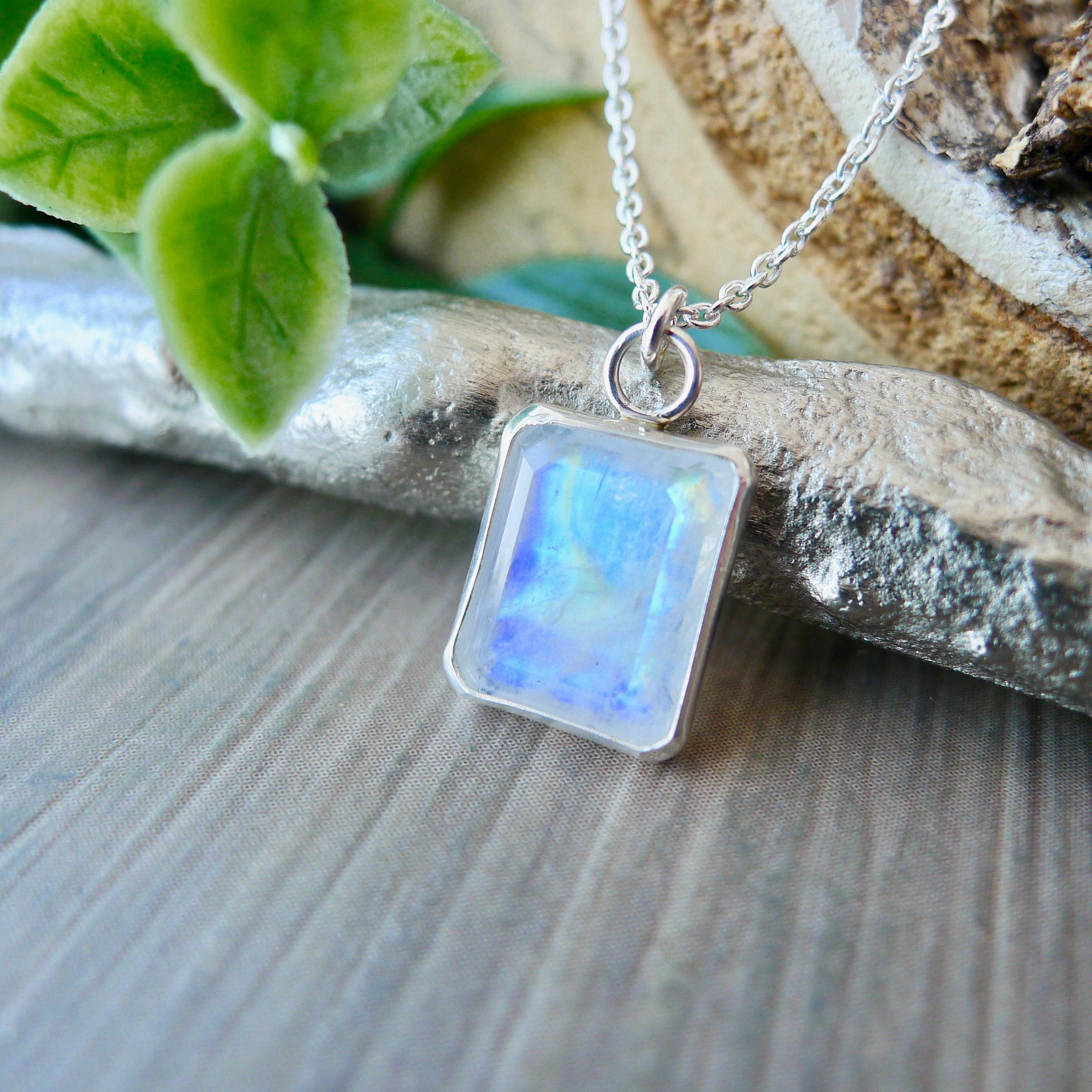 Moonstone Necklace, Emerald, Sterling Silver, Octagon