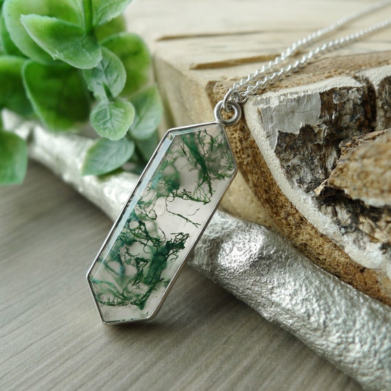 Moss Agate Necklace Sterling Silver Large Hexagon Green Moss Agate Moss Stone Mossy Geometric Step Cut Hexagon Gemstone Green Etsy