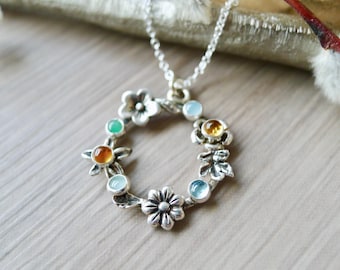 Family Necklace, Birthstone Necklace, Sterling Silver, Custom Family Jewelry, Birthstone Pendant, Genuine Birthstone, Family Wreath, Flowers