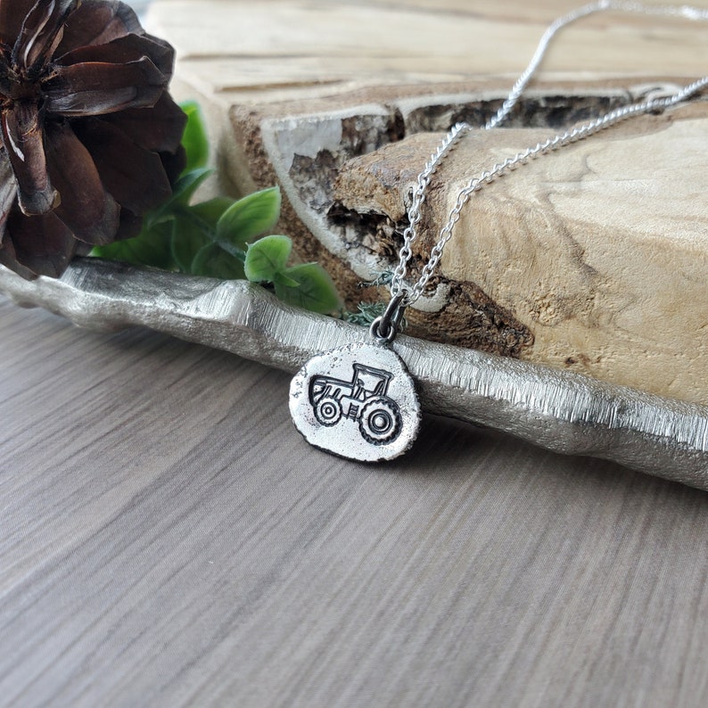 Tractor Necklace, Custom, Sterling Silver, Little Tractor, Tractor Pendant, 925, Tractor Jewelry, Farmer Gift, Gift for Boys, Initials image 1