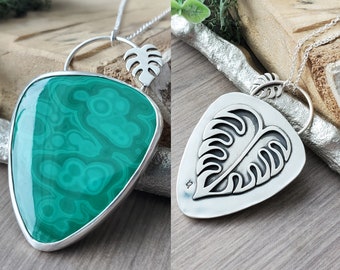 Malachite Necklace, Monserta Necklace, Sterling Silver, Monstera Jewelry, Monstera Deliciosa, Genuine, Large Malachite, Pendant, Green Stone