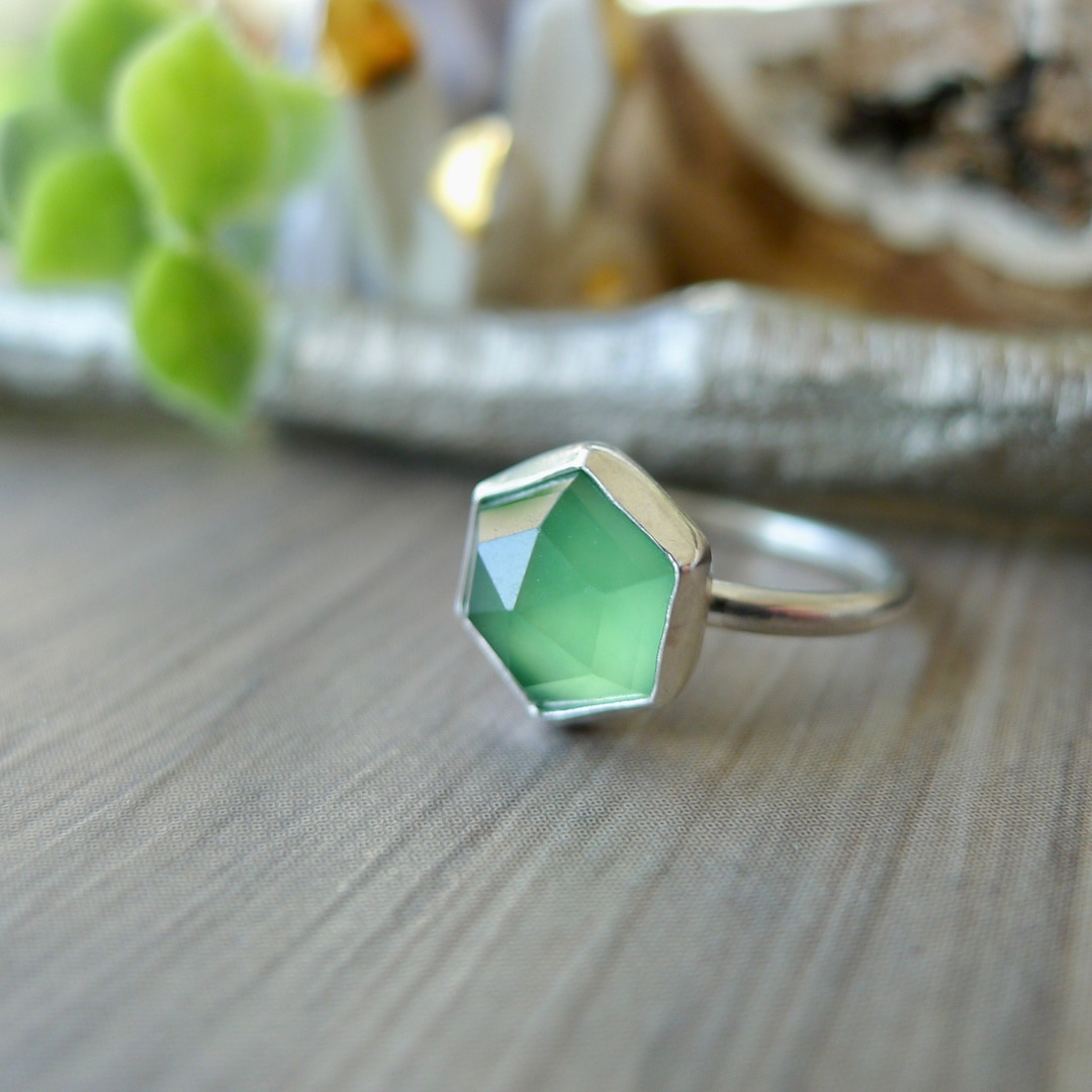Serpentine Ring, Sterling Silver, Hexagon, Genuine Serpentine, Faceted