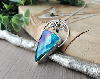 Rainbow Labradorite Necklace, Sterling Silver, Floral, Purple Labradorite, Large Pendant, Colorful Flash, Pink Labradorite, Branch, Fern