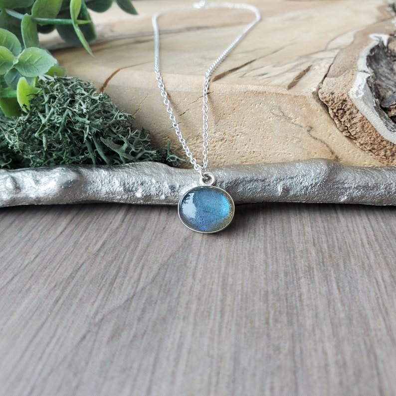 Labradorite Necklace, Sterling Silver, Smooth Labradorite, Blue Flash, Minimalist Labradorite, Oval Stone, Green Flash, Genuine Labradorite image 6