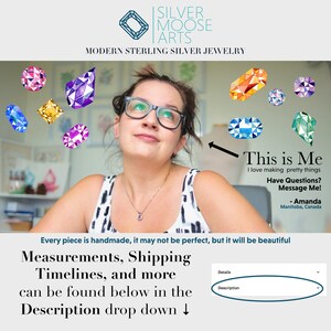 May include: A woman with glasses and a necklace looks up at the camera. She is surrounded by colorful gemstones. The text "This is Me" is written in a handwritten font. The text "I love making pretty things" is written below. The text "Have Questions? Message Me!" is written below that. The text "Amanda" is written below that. The text "Manitoba, Canada" is written below that. The text "Every piece is handmade, it may not be perfect, but it will be beautiful" is written below that. The text "Measurements, Shipping Timelines, and more can be found below in the Description drop down&darr;" is written below that. The text "Details" is written above a drop-down menu. The text "Description" is written below the drop-down menu.