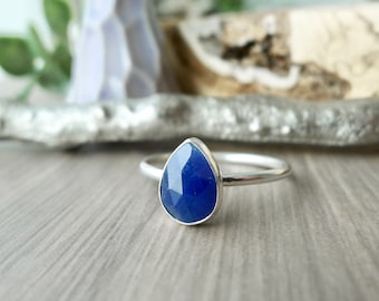 Sapphire Ring, September Jewelry, Pear, Tear Drop, Sterling Silver, Birthstone, September Ring, Minimalist Ring, Genuine Sapphire, Blue