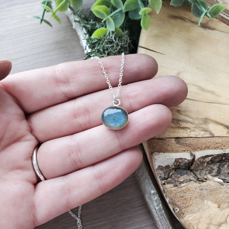 Labradorite Necklace, Sterling Silver, Smooth Labradorite, Blue Flash, Minimalist Labradorite, Oval Stone, Green Flash, Genuine Labradorite image 2