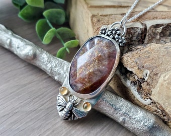 Lattice Sunstone Necklace, Bee, Fall Jewelry, Sterling Silver, Golden SunStone, Golden Sheen, Rainbow Lattice Moonstone