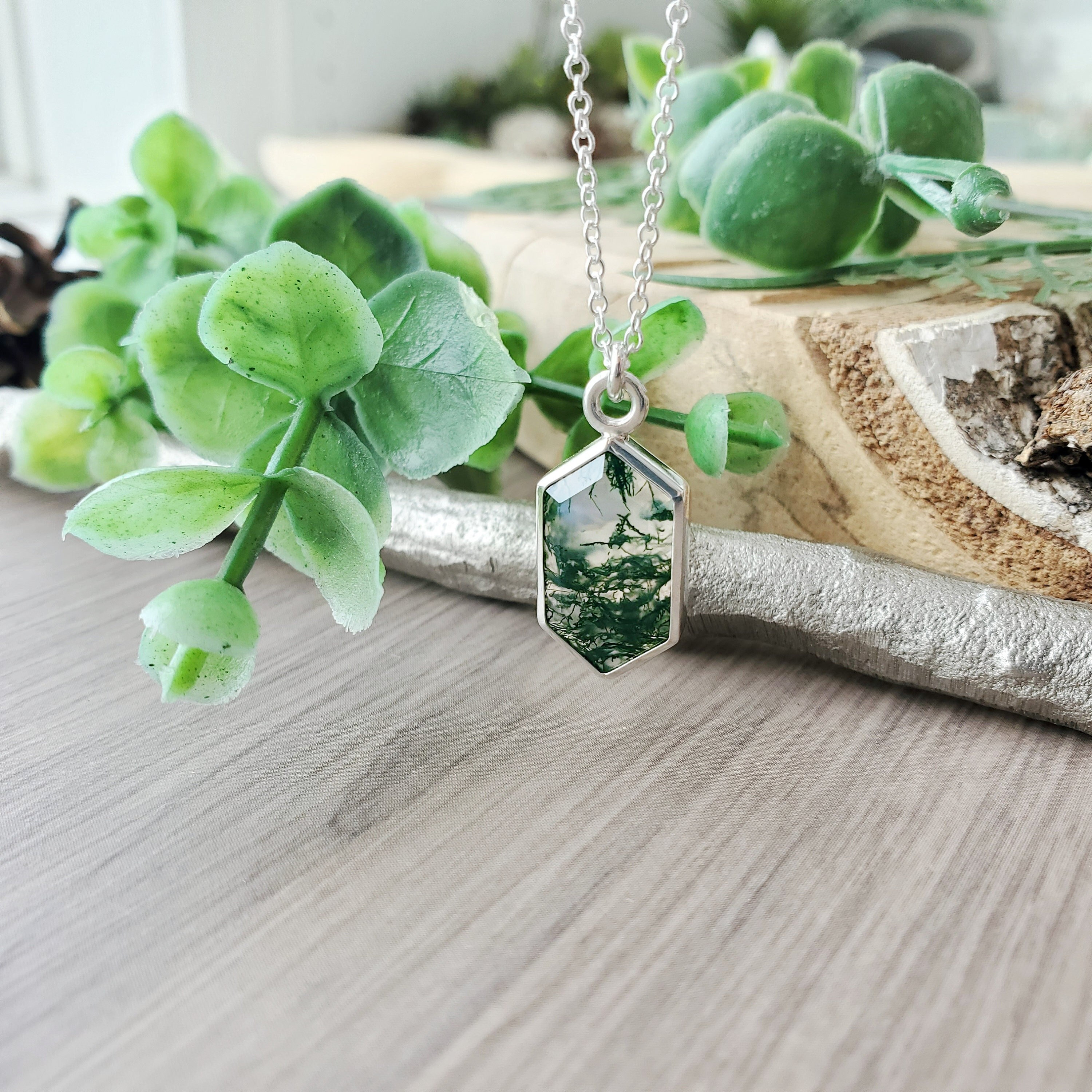 Moss Agate Necklace, Sterling Silver, Large, Hexagon, Green Moss