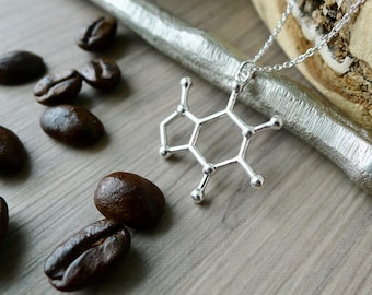 Cafeína, Collar de moléculas, Plata de ley, Collar de café, Adicto a la cafeína, Joyería científica, Amante del café, Joyería de café, Regalo de maestro