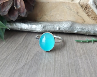 Paraiba Chalcedony Ring, Sterling Silver, Teal, Ocean Blue, Oval Chalcedony, Simple Ring, Chalcedony Jewelry, Electric Blue, Sea Foam Blue