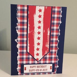 July 4th Birthday Card, Happy Birthday! Happy 4th of July, Firecracker Born on the 4th of July, Stars, Stripes, Red White Blue Gingham