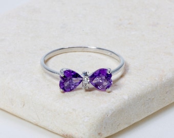 Amethyst Bow Gem Ring, Small Ring, CZ Ring, Heart Bow Ring, Dainty Ring, Stacking Ring, Gift For Her, CZ Pinky Ring