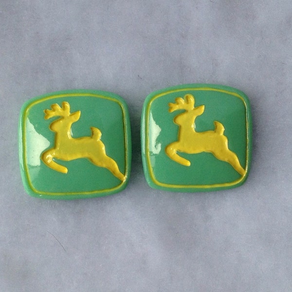 2 Piece Approximately 1" Flat back Resins Green and Yellow Deer John Deere