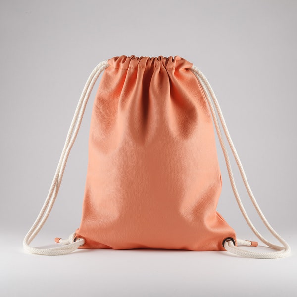 Leather drawstring handmade backpack. Peach Italian leather and natural cotton ropes.