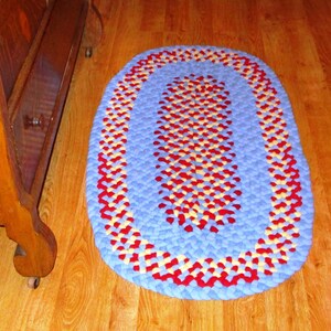 Area Oval Rug Hand-Braided Happy combo in bright blue, red, and yellow Recycled Wool 2' x 3' Oval Handmade Rug FREE SHIPPING in USA image 3