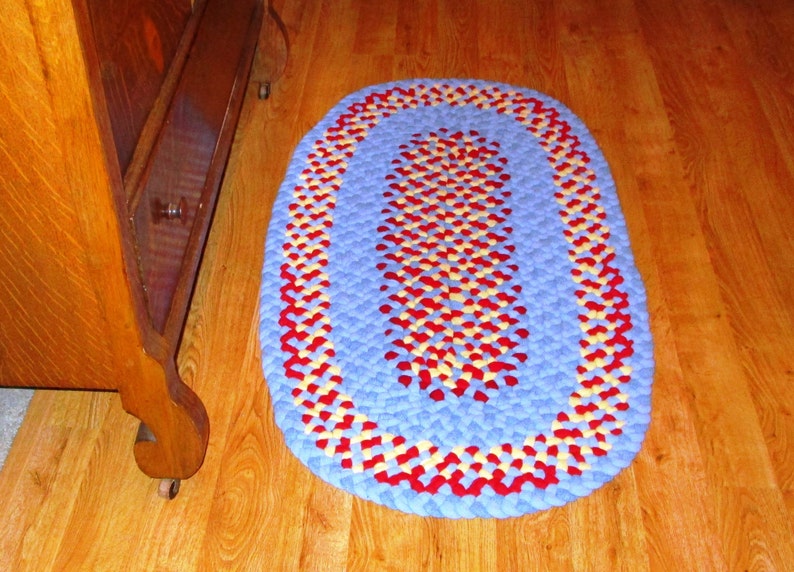 Area Oval Rug Hand-Braided Happy combo in bright blue, red, and yellow Recycled Wool 2' x 3' Oval Handmade Rug FREE SHIPPING in USA image 3