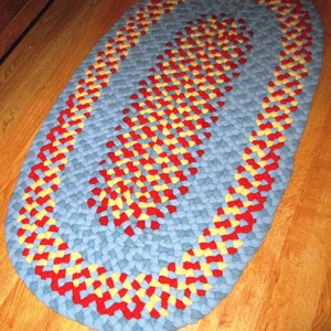 Area Oval Rug Hand-Braided Happy combo in bright blue, red, and yellow Recycled Wool 2' x 3' Oval Handmade Rug FREE SHIPPING in USA image 1