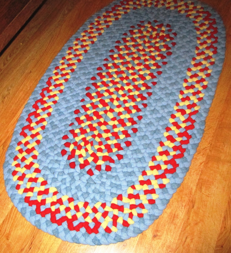 Area Oval Rug Hand-Braided Happy combo in bright blue, red, and yellow Recycled Wool 2' x 3' Oval Handmade Rug FREE SHIPPING in USA image 1