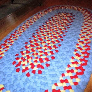 Area Oval Rug Hand-Braided Happy combo in bright blue, red, and yellow Recycled Wool 2' x 3' Oval Handmade Rug FREE SHIPPING in USA image 2