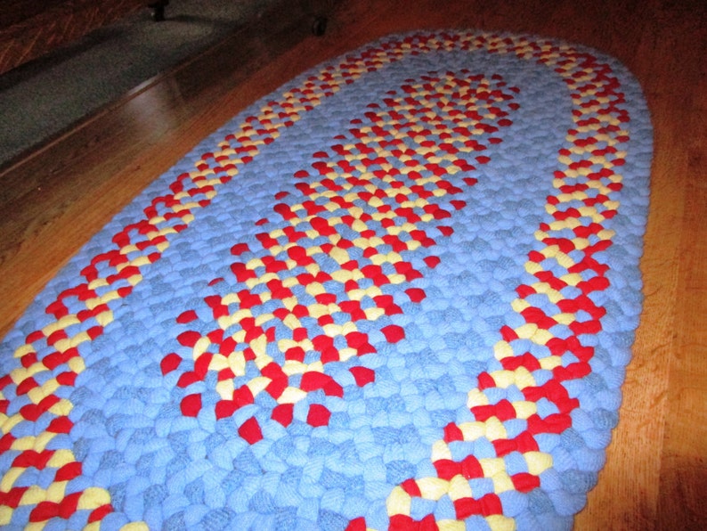 Area Oval Rug Hand-Braided Happy combo in bright blue, red, and yellow Recycled Wool 2' x 3' Oval Handmade Rug FREE SHIPPING in USA image 2