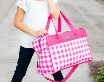 Monogrammed Kid's Travel Bag-Hot Pink/Mint/Navy Check Travel Bag-Birthday Gift-Monogrammed Gift-Weekender Bag-Monogrammed Kids's Luggage