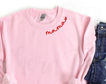 Embroidered Mama/Heart Collar Crewneck Sweatshirt -Monogrammed Gift Ideas -Gildan Crewneck Sweatshirt- Gift for Moms - Block Font Sweatshirt