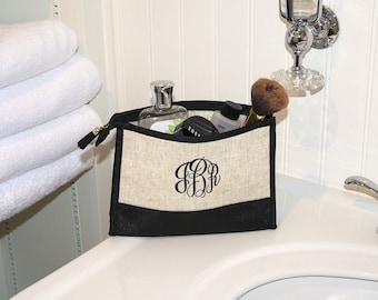 Monogrammed Linen Cosmetic Pouch - Bridesmaid Gift Ideas - Monogrammed Travel Cosmetic Bag- Unique Gift Idea - Monogrammed Cosmetic Bag