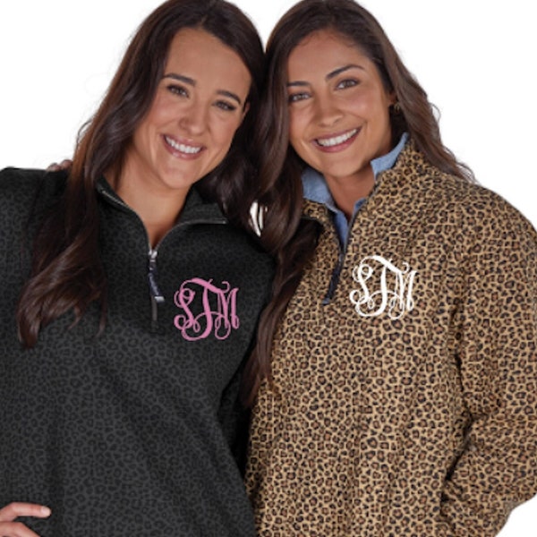 Monogrammed Leopard Quarter Zip Sweatshirt Pullover-Unisex - Charles River -Monogram Sweatshirt - Bridesmaid Gift - Monogram Outerwear