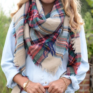 Monogrammed Tartan Plaid Blanket Scarf: Wool Blend Fall Scarf