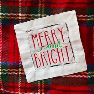 Merry and Bright Holiday/Christmas Linen Cocktail Napkins - Hostess Gift Ideas - Party Cocktail Napkins - Christmas Linens - Holiday Party