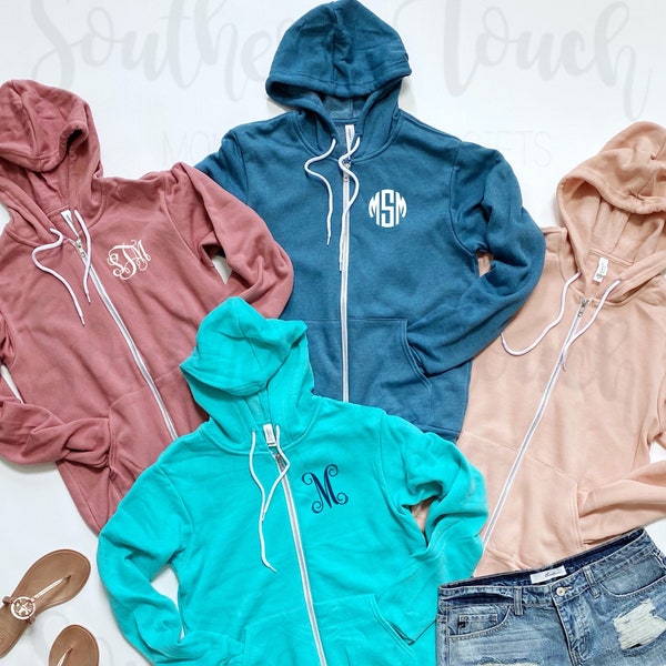 Monogrammed Full Zip Hooded Jacket - Soft Full Zip Sweatshirt Jacket - Monogrammed Bella Canvas Hoodie - Soft and Cozy Full Zip Monogrammed