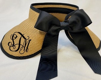 Monogrammed Bow Straw Visor - Bridesmaid Gift Ideas - Bachelorette Party - Monogrammed Sun Hat - Monogrammed Sun Visor -Ribbon Bow Detail