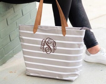Monogrammed Tote-Grey/Navy/Tan/Black/Mint/Hot Pink StripeTravel Bag-Monogrammed Tote Bag-Personalized Tote-Bridesmaid Gift-Monogrammed Gifts
