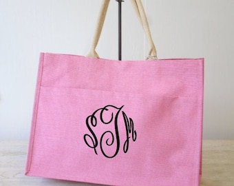 Monogrammed Jute Pocket Tote Bag - Bridesmaid Gift Idea - Monogrammed Gifts - Large Colorful Jute Tote- Everyday Tote- Monogram Gift Ideas