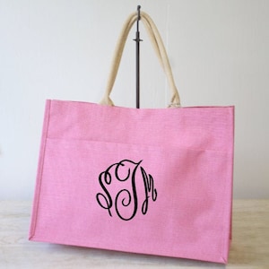 Monogrammed Jute Pocket Tote Bag - Bridesmaid Gift Idea - Monogrammed Gifts - Large Colorful Jute Tote- Everyday Tote- Monogram Gift Ideas