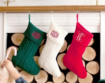 Monogrammed Cable Knit Christmas Stocking - Red, Green, Creme, Grey Christmas Stocking-Monogram Gifts-Monogrammed Christmas Home Decorations