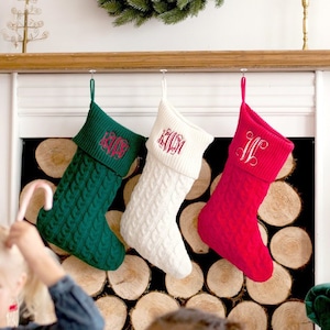 Monogrammed Cable Knit Christmas Stocking Red, Green, Creme, Grey Christmas Stocking-Monogram Gifts-Monogrammed Christmas Home Decorations image 1