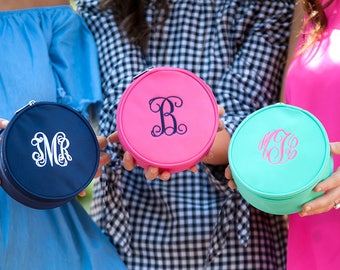 Monogrammed Jewelry/Cosmetic Case - Bridesmaid Gift Ideas - Monogrammed Travel Case - Unique Gift Idea - Personalized Round Jewelry Case