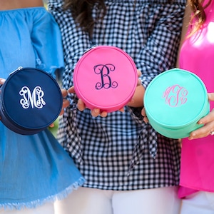 Monogrammed Jewelry/Cosmetic Case - Bridesmaid Gift Ideas - Monogrammed Travel Case - Unique Gift Idea - Personalized Round Jewelry Case