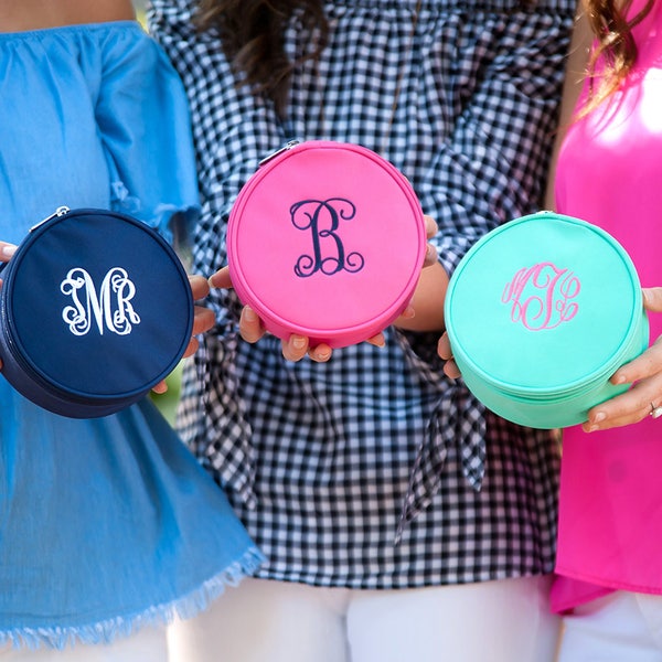 Monogrammed Jewelry/Cosmetic Case - Bridesmaid Gift Ideas - Monogrammed Travel Case - Unique Gift Idea - Personalized Round Jewelry Case